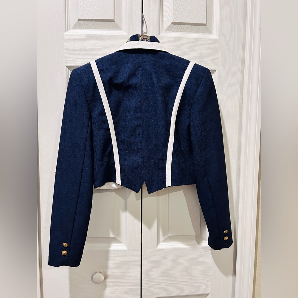 Cropped Military Brocade Jacket Navy Gold Statement Blazer Made in USA - Picture 5 of 12